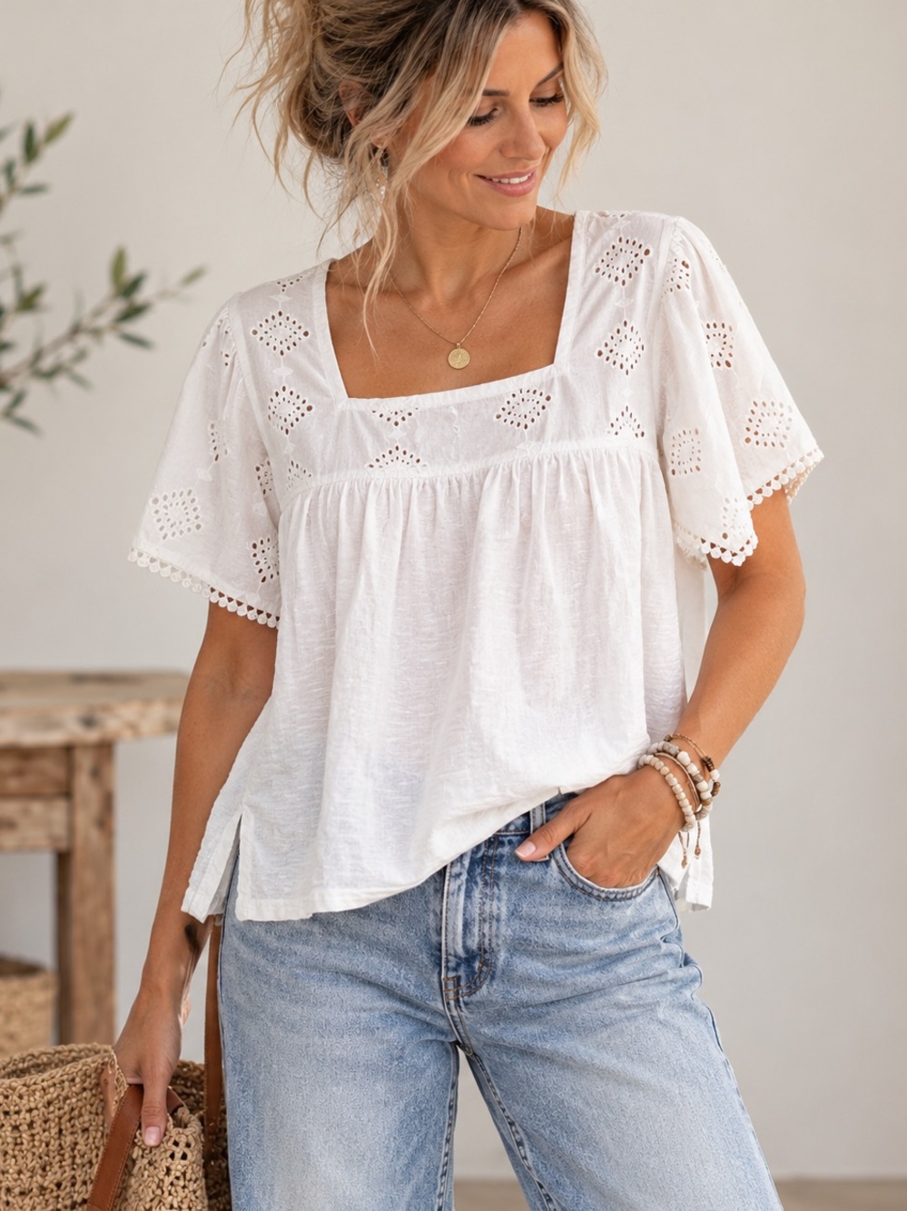 Organic Cotton Eyelet Square Neck Boho Top